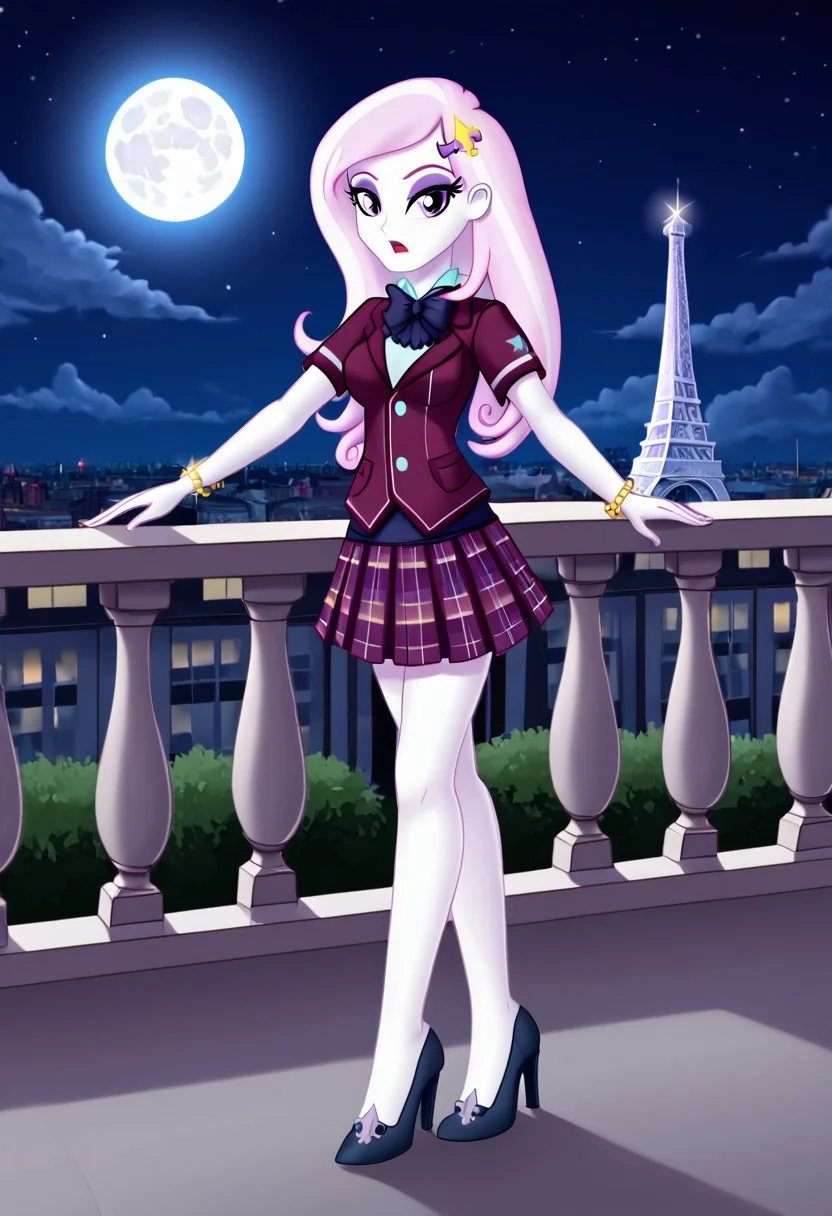 (High Resolution), (More Details), (8K), (High Resolution), NEGATIVE_HANDS, Fleur-de-lis, Equestria Girls,1 girl, Alone, Normal breasts, High heels, Full body, bare breasts, blouse, bow tie, bracelet, clothing, Crystal Prep Academy, Crystal Prep Shadowbolts, eyeshadow, female, fleur-de-lis outfits, short sleeves, makeup, plaid skirt, pleated skirt, skirt, high heels , Normal hips, Toned, Sexy model body, Beautiful, Sexy, Attractive, Erotic pose, Different erotic and sensual poses, Erotic, Strolling through the streets of Paris, France, At night, big full moon, Eiffel Towers