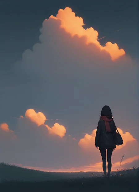 score_9,score_8_up,score_7_up,1girl,solo,sky,cloud,outdoors,scenery,black hair,grass,from behind,long hair,standing,cloudy sky,dark,hood,sunset,bag,jacket,night,scarf,long sleeves,facing away,