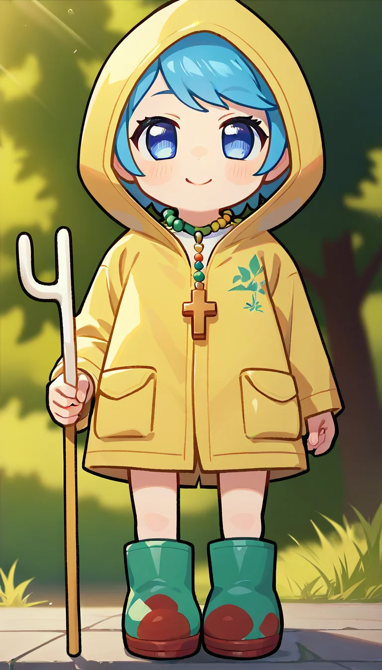 score_9,score_8_up,score_7_up,score_6_up BREAK official art,1girl,solo,outdoors,cowboy shot,looking at viewer,facing viewer,smile,blush,(chibi:1.2),Luce,short hair,blue hair,swept bangs,blue eyes,jewelry,beads,cross necklace,hood up,yellow raincoat,white shirt,long sleeves,pocket,holding staff,rubber boots,green footwear,red footwear,<lora:Luce(jubilee_2025)-Pony:1.6>,