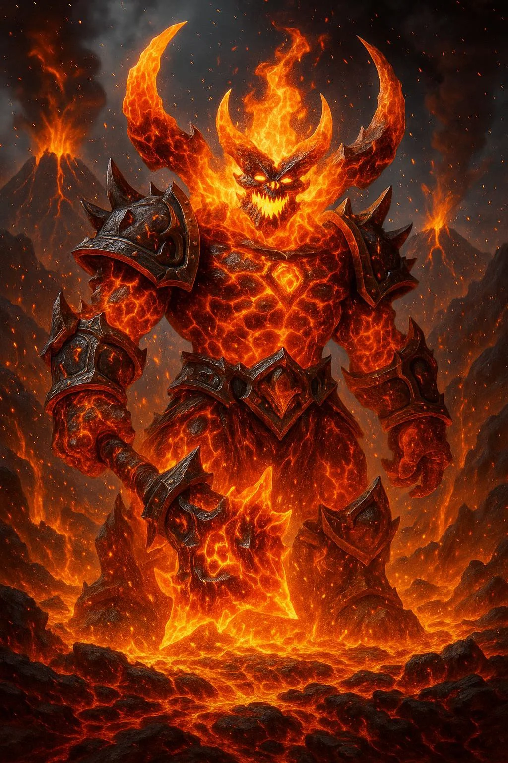 A hyper-realistic 8K photograph of Ragnaros from World of Warcraft, captured in vivid colors. Ragnaros stands towering amidst a volcanic landscape, molten lava flowing around him. His body is formed from blazing fire and molten rock, with intricate glowing cracks and fiery embers swirling around. The background features erupting volcanoes, ash and smoke in the air, and dramatic lighting that highlights the intensity of the scene. Every detail of Ragnaros’s armor is visible, with heat distortion and sparks enhancing the realism. The colors are highly saturated and vivid, emphasizing the fiery and chaotic atmosphere.