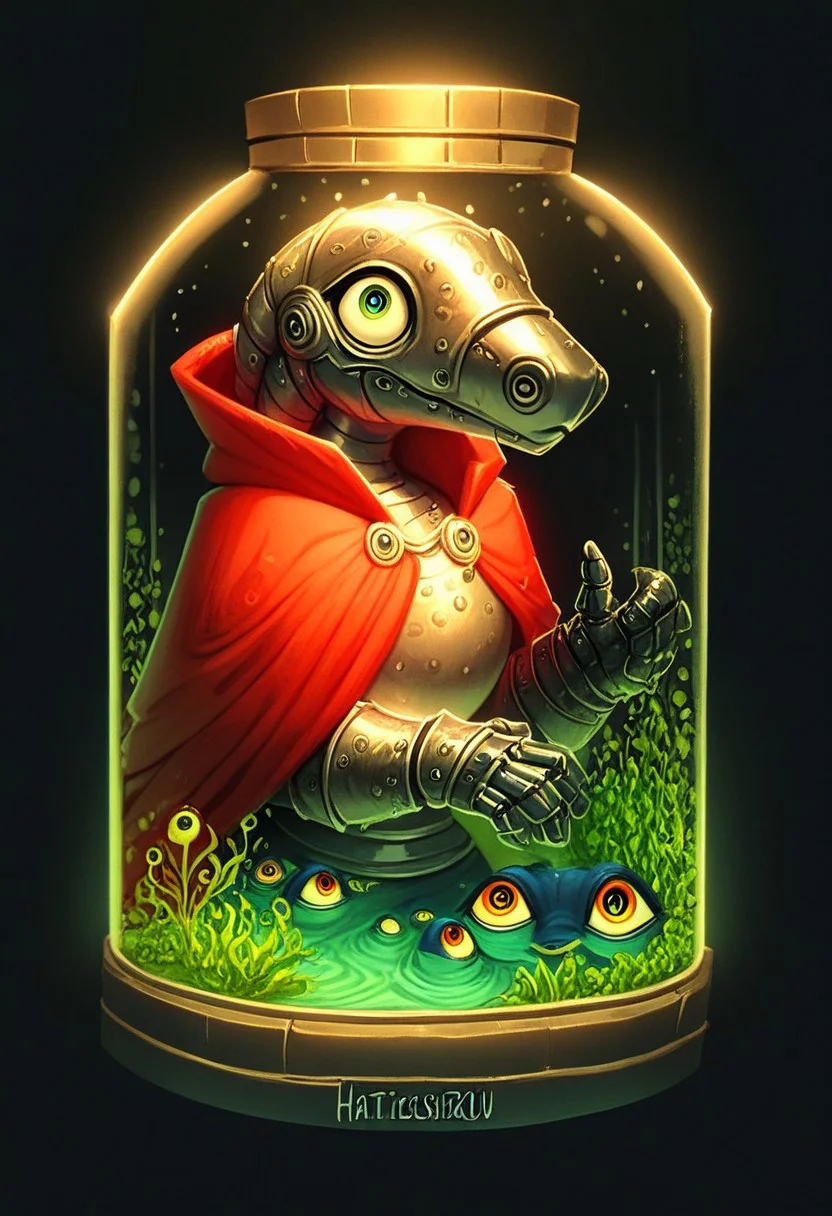 <lora:Zazu-a:1> hattiezazu, digital art, soft light, score_9, score_8_up, score_7_up, score_6_up, score_5_up, score_4_up, ornamental armor Armored  medieval knight, solo, [sphere glass futuristic tesseract helmet: head shaped as tesseract radioactive aquarium: 0.3], [medusas with a head as a giant eye swimming in aquarium :0.3],BREAK red cloak, metal gloves, black background, hattiezazu, digital art, soft light, nuclearhazard, mult13y3, multiple eyes, eyes,
