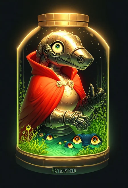 <lora:Zazu-a:1> hattiezazu, digital art, soft light, score_9, score_8_up, score_7_up, score_6_up, score_5_up, score_4_up, ornamental armor Armored  medieval knight, solo, [sphere glass futuristic tesseract helmet: head shaped as tesseract radioactive aquarium: 0.3], [medusas with a head as a giant eye swimming in aquarium :0.3],BREAK red cloak, metal gloves, black background, hattiezazu, digital art, soft light, nuclearhazard, mult13y3, multiple eyes, eyes,