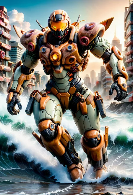 d0nu71f13d, made of doughnuts, Heavy Mech, Cyborg, Robot, Power Armor, Tactical, Advanced Gear, Power Suit, Exoskeleton, Advanced Gear, Futuristic, action shot, easynegative, ninja mech running away from a massive tsunami wave of coffee, mech running through a city, surrounded my donut building, a tsunami wave towering in background, tsunami wave of coffee,