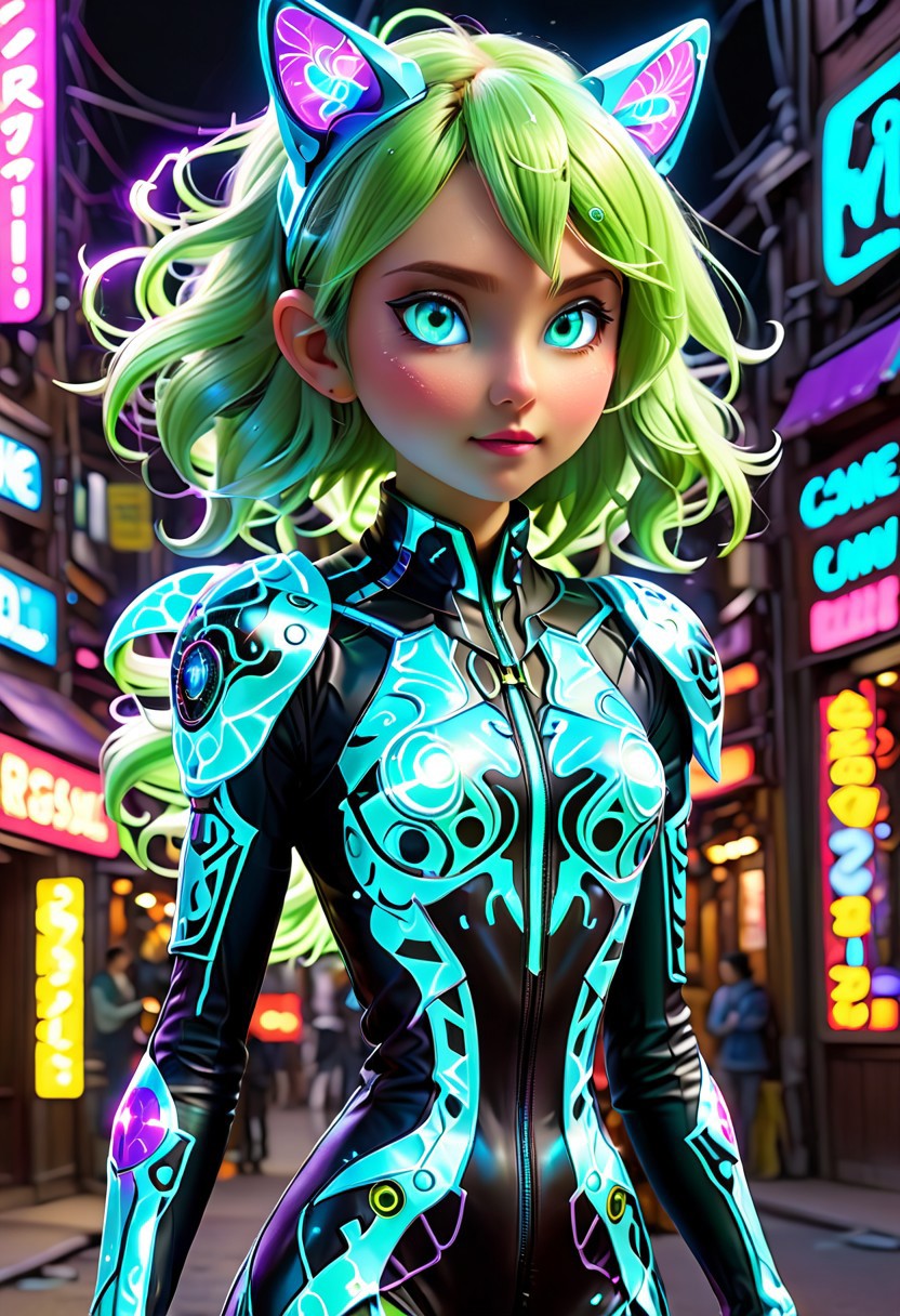(((Kirlia))), female, anthro, bio luminescent skin, best quality, masterpiece, score_9, score_8, score_7, high resolution, high quality, beautiful, detailed, realistic, 8k uhd, 1girl, solo, Kirlia, cyberpunk jumpsuit, glowing circuits jumpsuit, organic tissue, synthetic components, cowboy shot, torso focused,