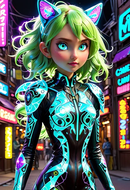 (((Kirlia))), female, anthro, bio luminescent skin, best quality, masterpiece, score_9, score_8, score_7, high resolution, high quality, beautiful, detailed, realistic, 8k uhd, 1girl, solo, Kirlia, cyberpunk jumpsuit, glowing circuits jumpsuit, organic tissue, synthetic components, cowboy shot, torso focused,