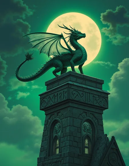 touch of verdigris style, a majestic dragon perched atop an ancient, rune-inscribed tower, under a full moon sky, in the ethereal art style