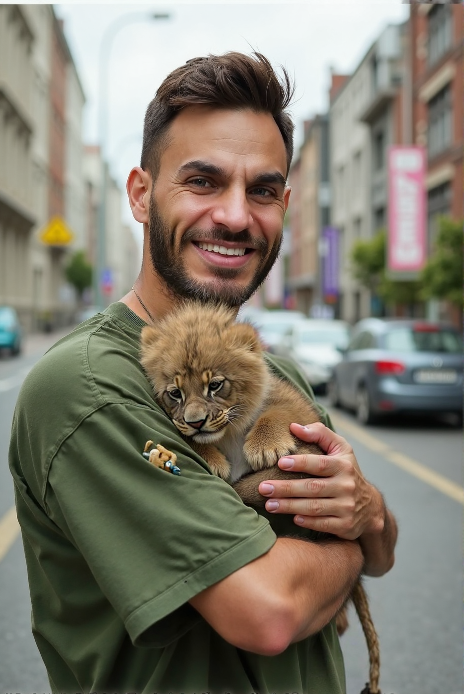 HD high professional quality photo of LoÃ¯c Barcourt upper body, he is holding a baby Zebra in his arms and hands. His face have a happy expression. The background is city street, a visible caos, a sinkhole opened up suddenly, swallowing cars and buildings without warning., he is wearing a green shirt, <lora:Rythmind_LoÃ¯c Barcourt_Flux_v1_0005:1>, RAW candid cinema, 16mm, color graded portrait 400 film, remarkable color, ultra realistic, textured skin, remarkable detailed pupils, realistic dull skin noise, visible skin detail, skin fuzz, shot with cinematic camera<lora:lbw_models\OUTPUT\adjustedch9_Rythmind LoÃ¯c Barcourt Flux v1 HashFix_sd_scripts.safetensors:1.0:1.0>
ðï¸ [Inpainted with Loras]: flux1-depth-dev-lora
ð¯<lora:flux\loratools\flux1-depth-dev-lora.safetensors:0.75:0.75>