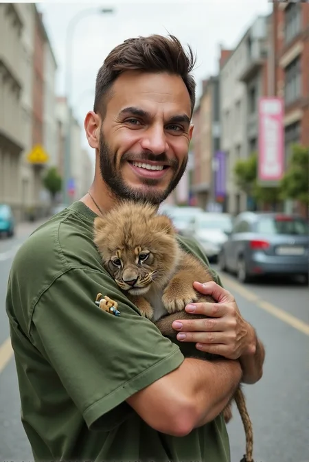 HD high professional quality photo of LoÃ¯c Barcourt upper body, he is holding a baby Zebra in his arms and hands. His face have a happy expression. The background is city street, a visible caos, a sinkhole opened up suddenly, swallowing cars and buildings without warning., he is wearing a green shirt, <lora:Rythmind_LoÃ¯c Barcourt_Flux_v1_0005:1>, RAW candid cinema, 16mm, color graded portrait 400 film, remarkable color, ultra realistic, textured skin, remarkable detailed pupils, realistic dull skin noise, visible skin detail, skin fuzz, shot with cinematic camera<lora:lbw_models\OUTPUT\adjustedch9_Rythmind LoÃ¯c Barcourt Flux v1 HashFix_sd_scripts.safetensors:1.0:1.0>
ðï¸ [Inpainted with Loras]: flux1-depth-dev-lora
ð¯<lora:flux\loratools\flux1-depth-dev-lora.safetensors:0.75:0.75>