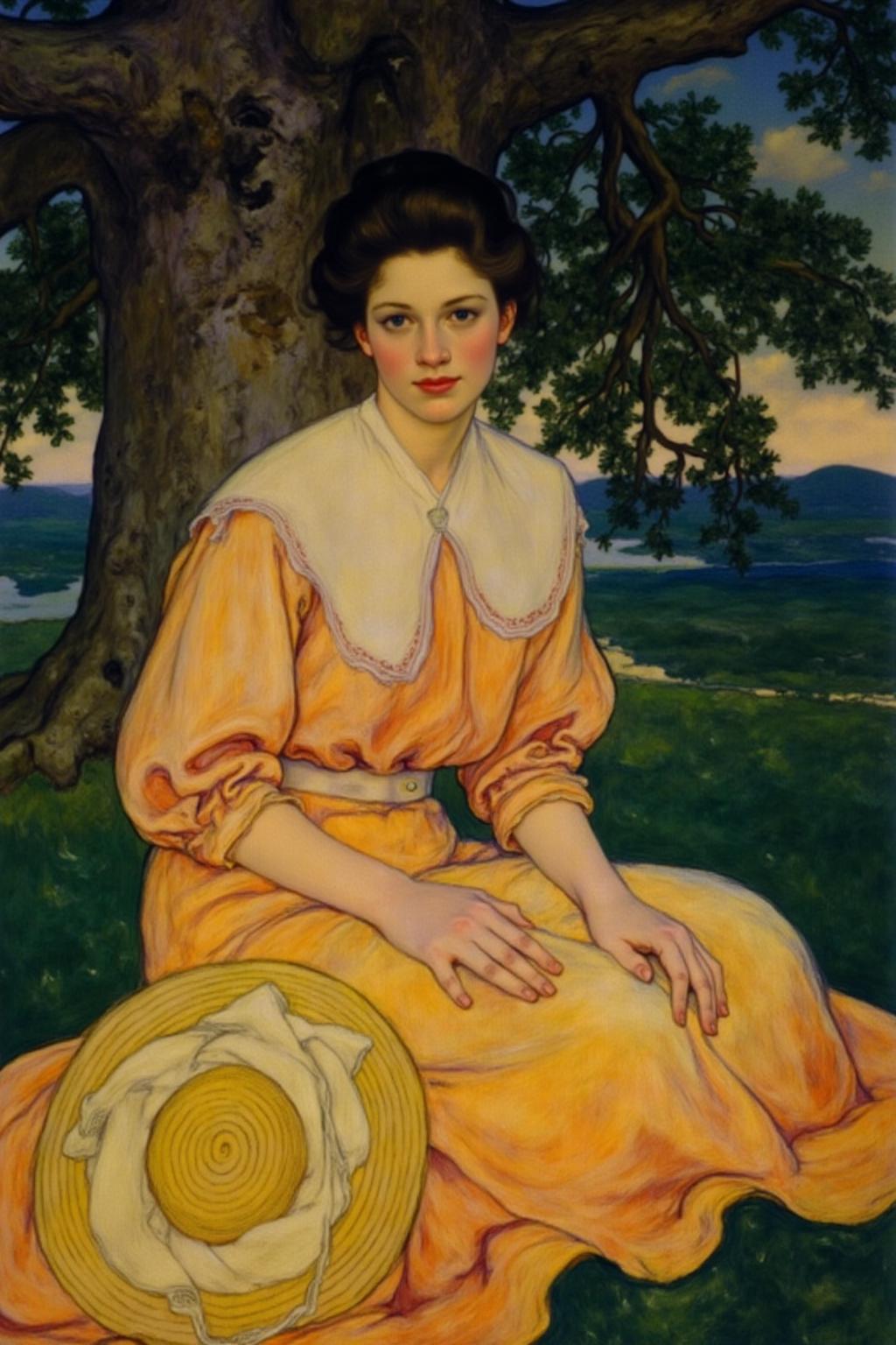 shippengreen1 illustration.
A young woman seated outdoors, surrounded by lush foliage and a large tree with gnarled, textured bark. She has dark, wavy hair styled in an updo. A wide-brimmed yellow hat lies beside her.
 <lora:shippengreen1_cap_d6a3:1.0><lora:837339729025494928:0>