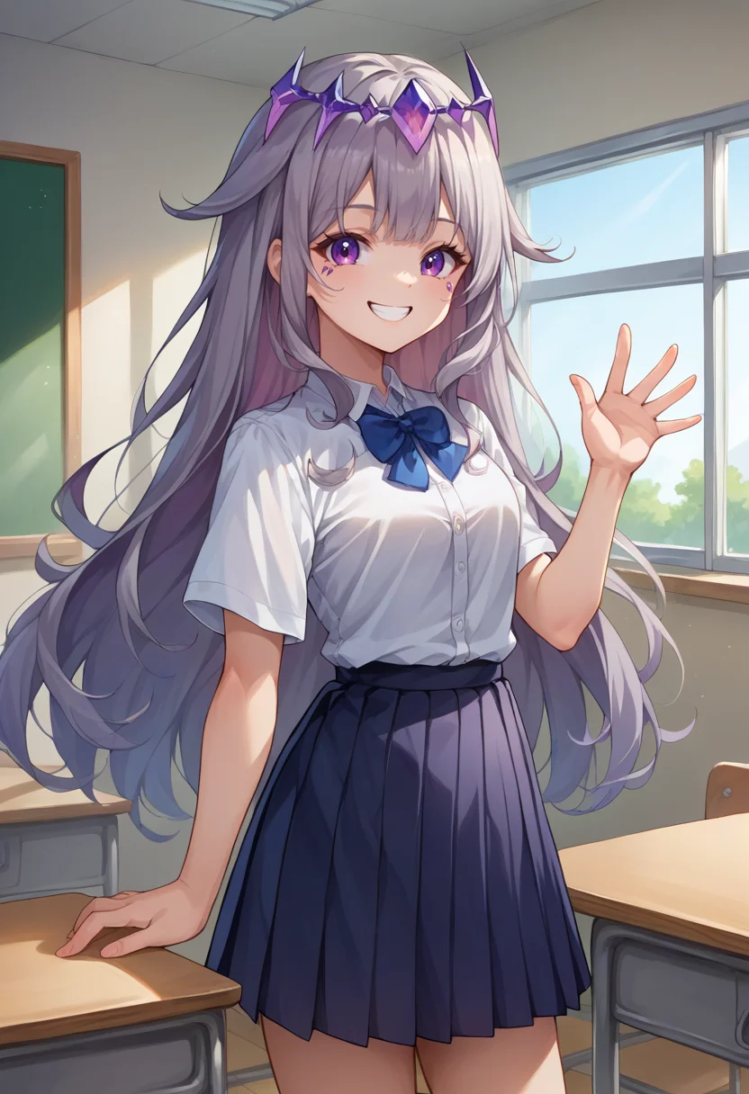 score_9, score_8_up, source_anime, 1girl, solo, KosekiBijou, long hair, hair flaps, floating headpiece, classroom, window, school uniform, dress shirt, pleated skirt, waving at viewer, smile, <lora:ChamKosekiBijouPonyXL:1>