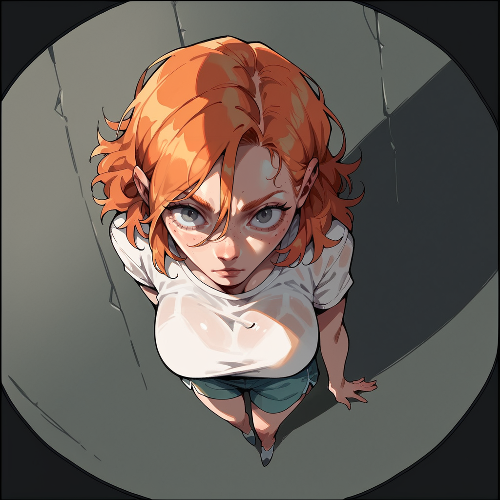 score_9, score_8_up, score_7_up, score_6_up,  <lora:f1sh3y3XLP:1> f1sh3y3, black border, from above, 1girl, ginger hair, grey eyes, large breasts,