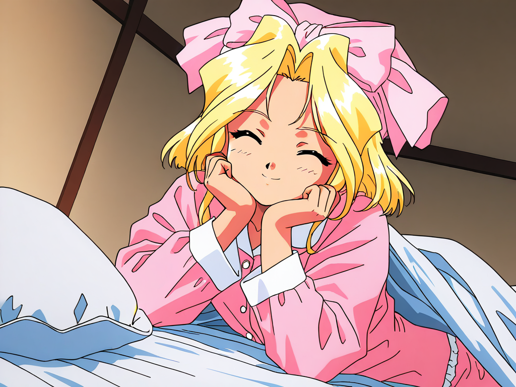 masterpiece, best quality, good quality, <lora:Iris_Chateaubriand_IS:1>  IrisChateaubriand, blonde hair, pink bow, blue eyes, hair bow, short hair, smile, pink pajamas, hat, bed room, 1990s (style), anime style, closed eyes,
Show less