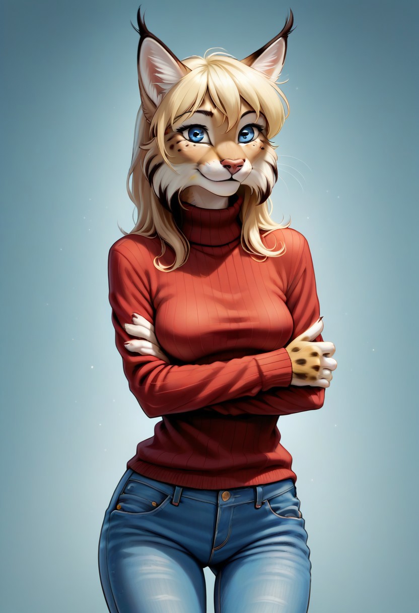 digital_media_(artwork) hi_res, score_9, score_8_up, score_7_up, score_6_up, source_furry, rating_safe, anthro, furry, female, furry female, detailed textured fur, fur tufts, lynx, red hair, blonde brown fur, spots, beautiful blue eyes, medium breasts, covered breasts, slim, slender, turtleneck sweater, denim jeans, smile, SFW,