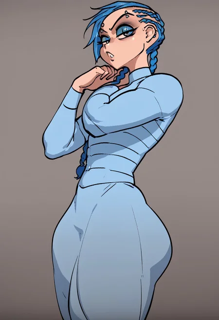 score_9, score_8_up, score_7_up, anna, fellatrix style,
solo,1girl ,breasts, braid, blue hair, long hair, braid,great shading,,open eyes, eyeshadow, blue eyeshadow,makeup,, eyebrow piercing, piercing,
blue motosuit,
standing pose, looking at viewer, full body
gray background,