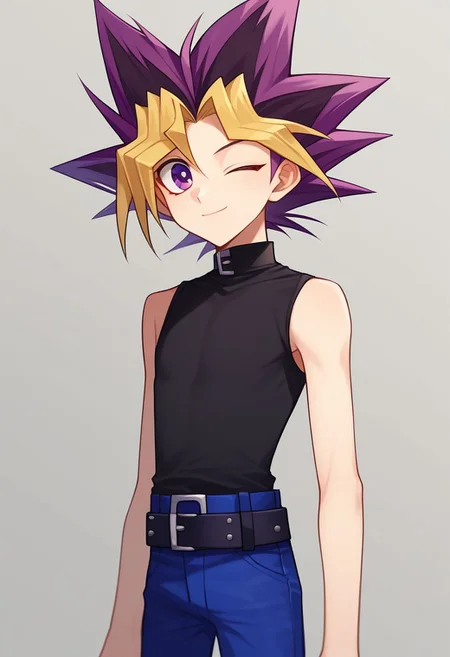 score_9, score_8_up, source_anime, highly detailed,
1boy, male focus, solo, skinny, cute, dyed bangs, spiked hair, blonde hair, purple hair, dyed bangs, pants, bangs, shirt, blue pants,
purple eyes, black shirt, sleeveless, multicolored hair, standing, belt,
upper body, smile, wink,
outdoor,