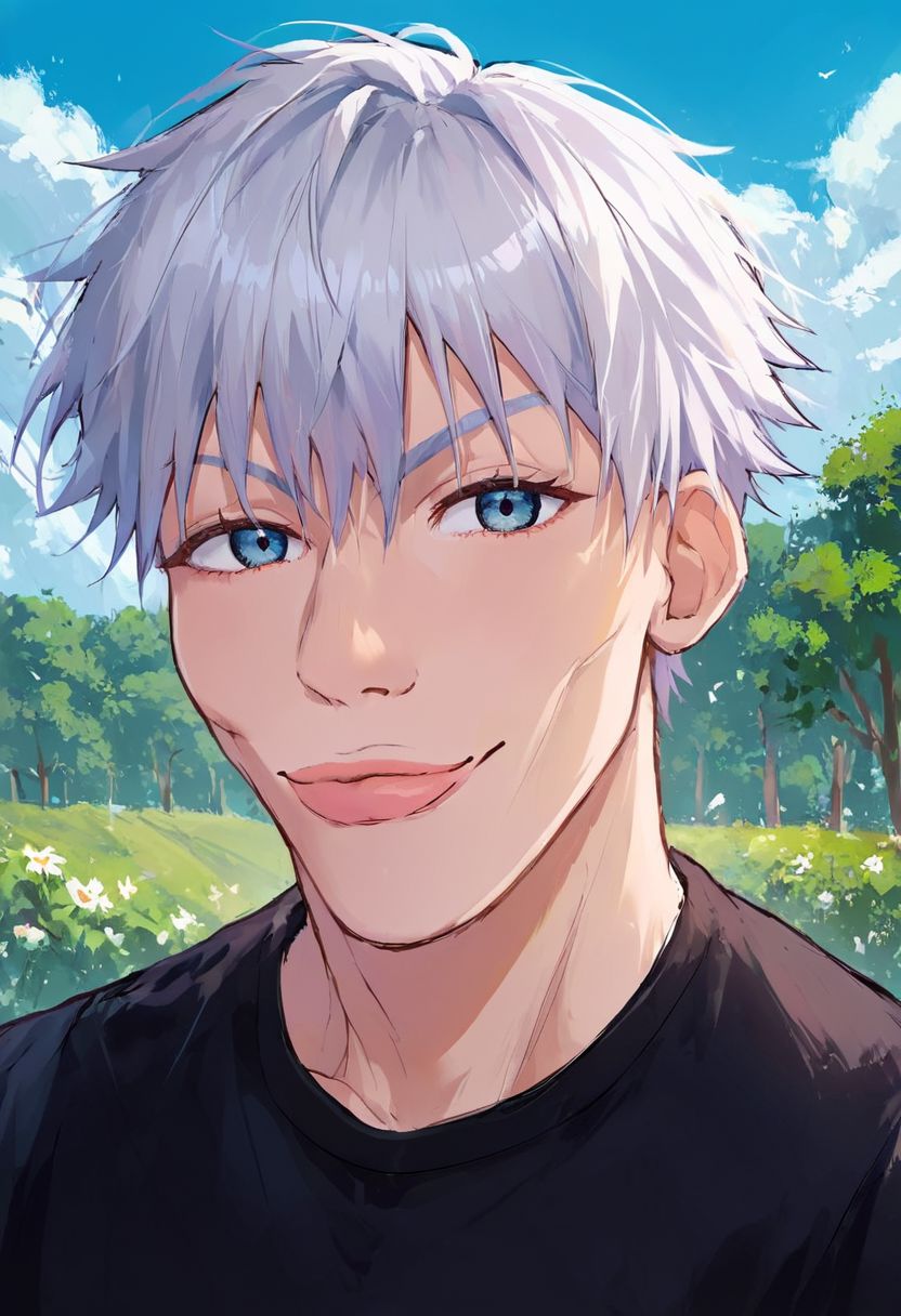 score_9_up, score_8_up, score_7_up, score_6_up, score_5_up, score_4_up, rating_safe, high detail, best quality, absurd res, 
BREAK, source_anime, SkylerWhiteYo, closed mouth, smile, <lora:KzyGuyMeme:1>, SatoruGojo,solo, smile, short hair, bangs, shirt, 1boy, upper body, solo, male focus, outdoors, black shirt, <lora:GojoSatoruPony19:1>