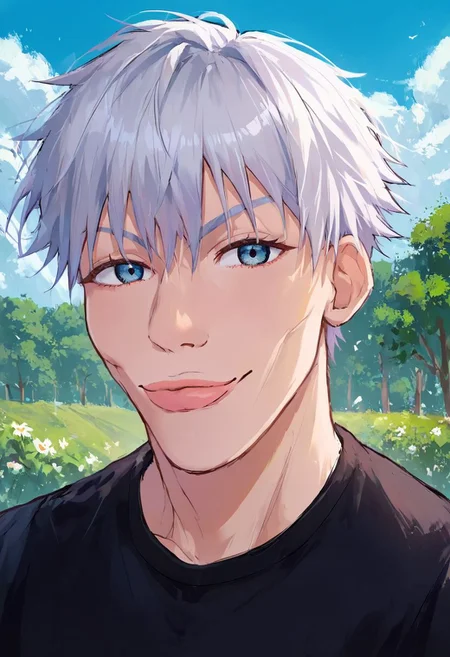 score_9_up, score_8_up, score_7_up, score_6_up, score_5_up, score_4_up, rating_safe, high detail, best quality, absurd res,
BREAK, source_anime, SkylerWhiteYo, closed mouth, smile, <lora:KzyGuyMeme:1>, SatoruGojo,solo, smile, short hair, bangs, shirt, 1boy, upper body, solo, male focus, outdoors, black shirt, <lora:GojoSatoruPony19:1>
