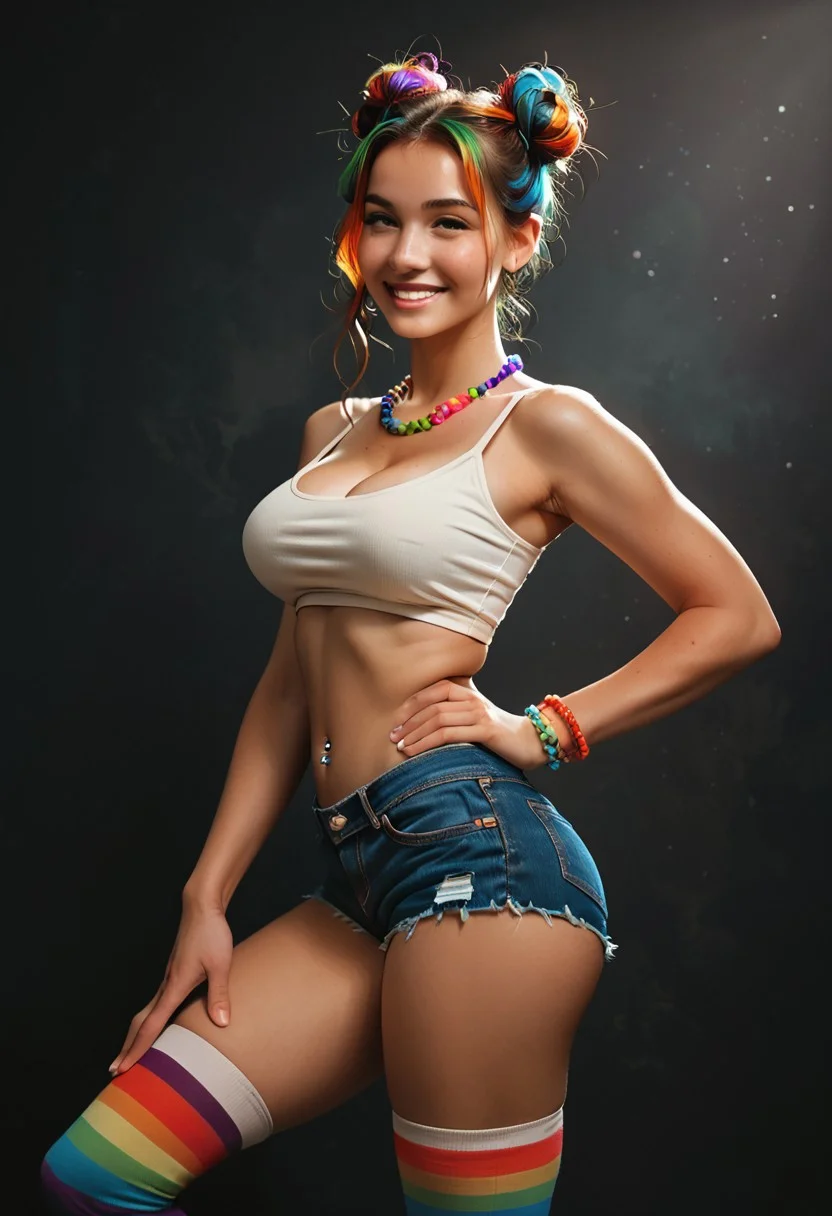 (score_9, score_8_up, score_7_up), zPDXL2 BREAK
(from side:0.6), (from below:0.2).
sensational full body illustration,realistic, a woman, cute perfect face, rainbow hair, freckles, hime cut, nerdy, tan skin, medium breasts, saggy boobs, crop top, denim shorts, hips, space buns, (round face:1.2), hips, smirk, winking, , thigh high striped socks, navel piercing, colorful beaded necklace and bracelets, rear view, arched back, sexy pose, cleavage, dark background