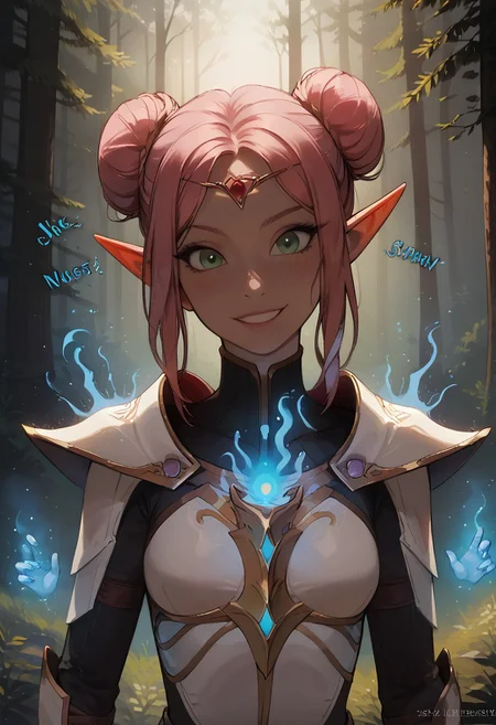 (masterpiece), highest quality, upper body, 1girl, sexy elf sorceress, pink hair, double bun hair, perfect detailed green eyes, beautiful detailed face, slim, small breasts, elven armor, (confident smile), hands pulsating with blue magic energy, ( blue magic effects), (casting spell), dynamic pose, blue magic particles, glowing particles, outdoors, daytime, serene forest, detailed background