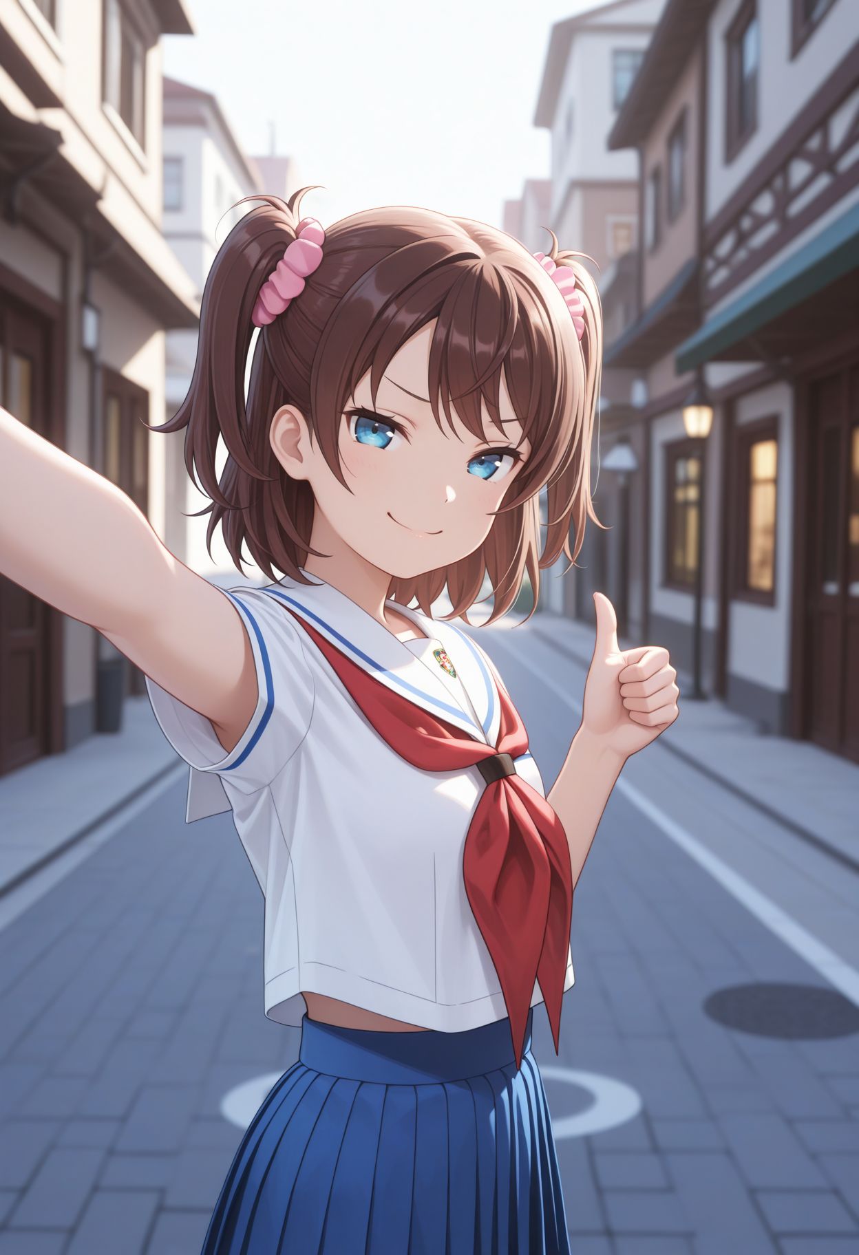 masterpiece,best quality,absurdres,highres,very aesthetic,high quality,detailed,insanely detailed,beautiful,perfect lighting, looking at viewer, 
outdoor, street, town, building,
 <lora:Ogasawara Hikari llu:1> 1girl, brown hair, blue eyes, two side up, short hair, scrunchie, hair ornament, school uniform, serafuku, short sleeves, red neckerchief, pleated skirt, blue skirt, hair scrunchie, pink scrunchie, white shirt, white sailor collar, 
(thumbs up),arm up, reaching hand, smile,close-up front view, from side, smug,, looking at viewer, v sign, v,