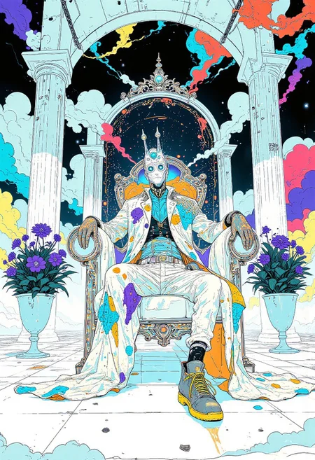 A hyper-detailed digital artwork inspired by the vividly surreal style of *Hsiao-Ron Cheng*, showcasing a male figure in ornate jester clothing seated regally on a white throne. He wears a sharp-pointy, chrome, sparkling crown atop a white jester mask and hat, exuding an aura of surreal elegance. His attire includes a flowing white robe and cape, intricately adorned with neon blue, fluorescent green, purple, teal, and sky-blue dots and lines, creating a mesmerizing, glowing pattern. He leans back in the throne with one leg stretched out, striking a confident and relaxed pose. The scene is enveloped in an immaculate white aesthetic: white floor, towering white pillars, pristine white plants in sleek flower pots, and swirling wisps of ethereal white smoke that add an air of mystery. The interplay of vibrant neon hues against the white backdrop enhances the surreal and otherworldly atmosphere of this captivating composition. (anime_d4rk, alone)