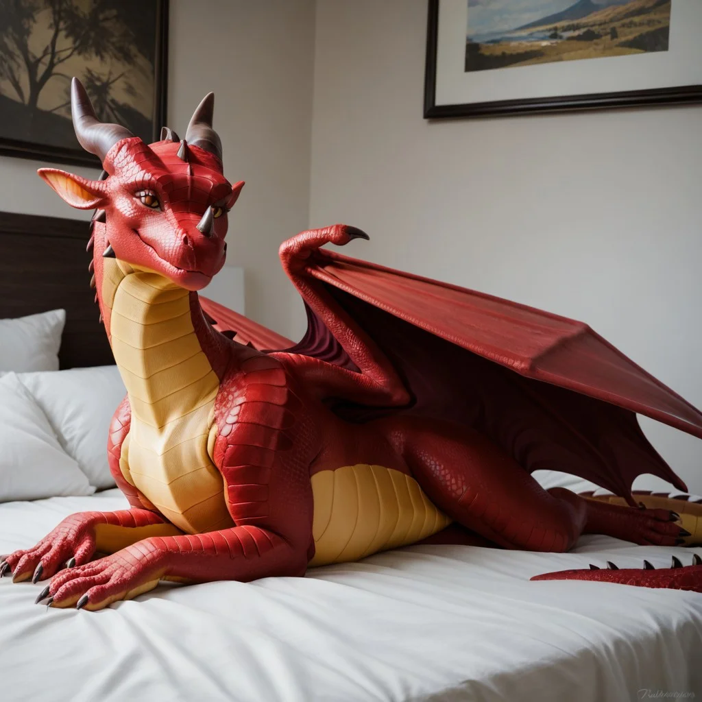 core_9, score_8_up, score_7_up, score_6_up, masterpiece, high quality, realistic, detailed, best quality, 1girl, solo, rating_safe, source_furry, negative_hand, bedroom, smiling, seductive, looking at viewer, lying on bed, nude, Skywing, dragon, feral, red scales, posing sexy, wings, female