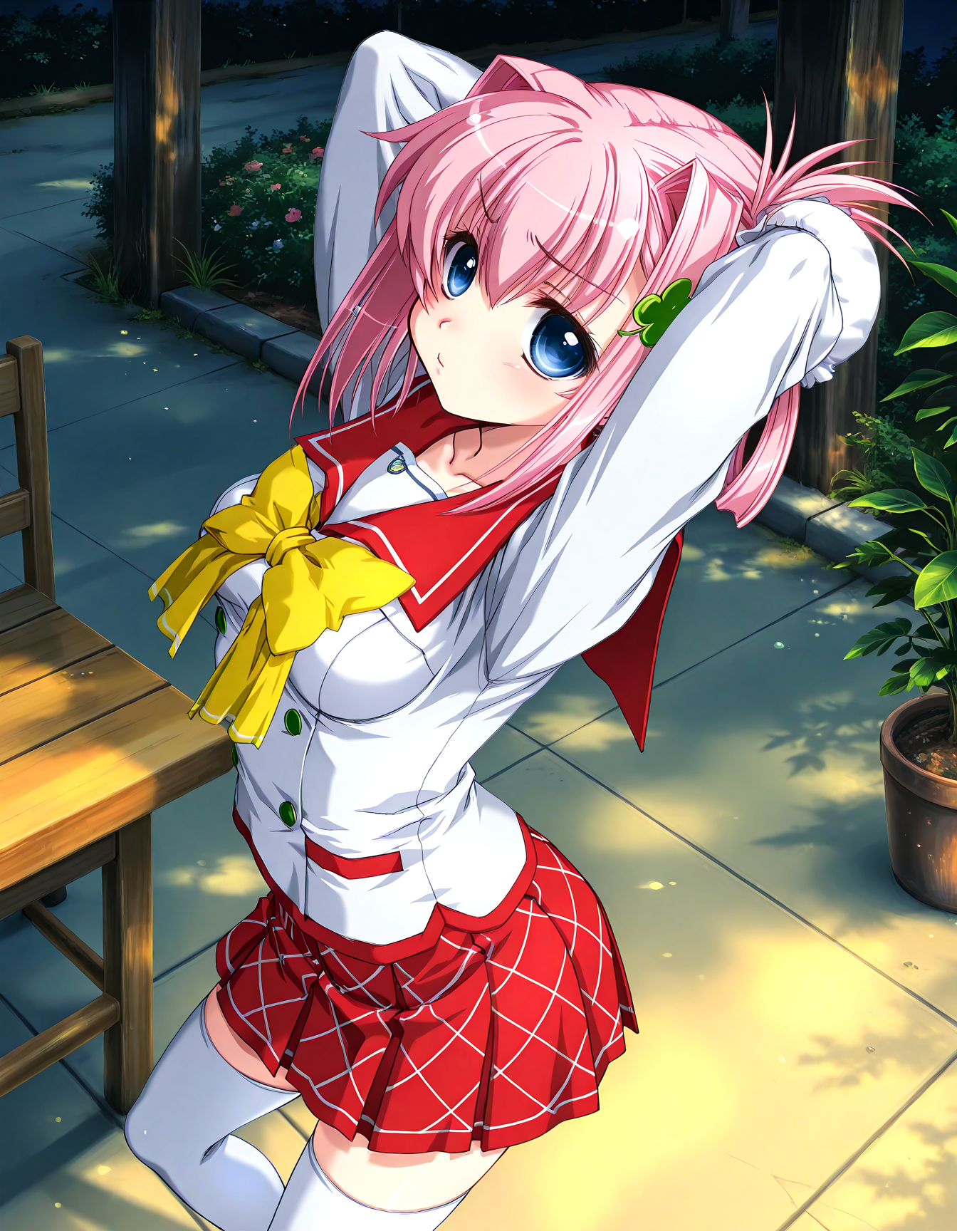 (1girl, solo:1.3), (2girls, 3girls, 4girls, multiple girls, 2boys, 3boys, 4boys, multiple boys:-1.5) <lora:Ainame_Chisato_Hachukano_Illustrious:0.9>, Ainame Chisato, medium breasts, blue eyes, pink hair, short hair, bangs, hair intakes, hair between eyes, sidelocks, bun cover, single hair bun, hair bun, four-leaf clover hair ornament, clover hair ornament, hair ornament, school uniform, serafuku, sailor collar, long sleeves, yellow bow, bowtie, pleated skirt, plaid skirt, red skirt, miniskirt, white thighhighs (pout:0.7), (half-closed eyes:0.7), general, contrapposto, dynamic pose, arms behind head, portrait, from side, from above, dutch angle, indoors, cafeteria, cafe, wooden stool, plant, potted plant, flower, (perspective:0.7), <lora:NOOB_EPSv1_1_detailer_by_vlnvk_v1_0:1.5>, (photo background:0.7), evening, (tachibana yuu:0.6), inue shinsuke, (kazuma muramasa:0.0), saikawa yusa, (aoi manabu:0.6), abarerumidori, (suzui narumi:0.6), masterpiece, newest, absurdres, 8K, anime screenshot, anime coloring, flat color, official art, film grain, <lora:illustriousXLv01_stabilizer_v1.185c:0.7>, <lora:LECO_Solo:-4.0>,