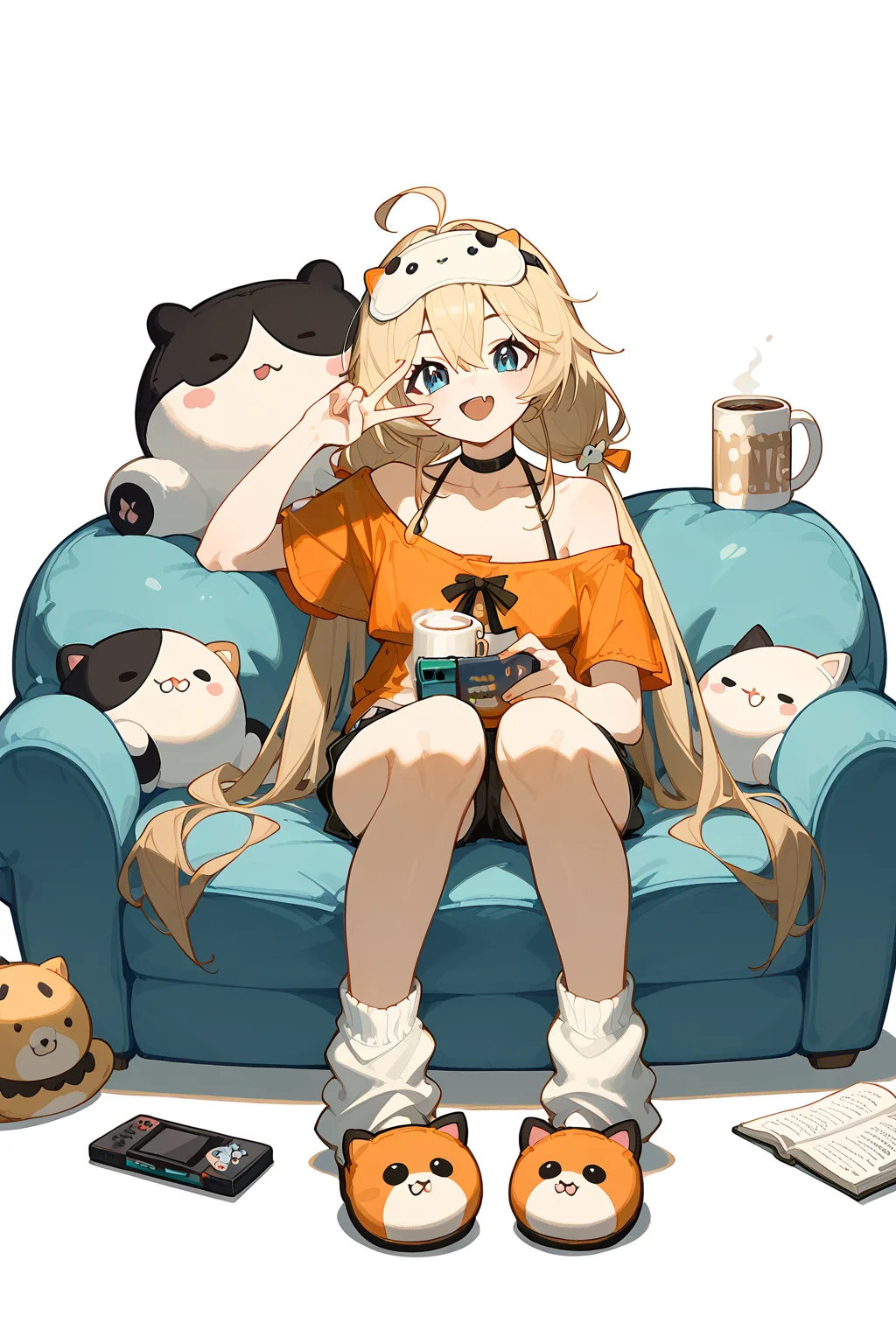 (score_9,score_8_up,score_7_up),<lora:Michele(kalabiqiu)-v1:1>,Michele(kalabiqiu),1girl,blue eyes,slippers,solo,long hair,blonde hair,white background,twintails,shorts,sitting,smile,tail,socks,simple background,open mouth,v,black shorts,bangs,bare shoulders,low twintails,book,full body,hair between eyes,cup,shirt,looking at viewer,holding,arm up,black choker,virtual youtuber,off shoulder,white socks,:d,stuffed toy,very long hair,animal slippers,bean bag chair,chair,stuffed animal,collarbone,loose socks,controller,off-shoulder shirt,choker,mug,fang,short sleeves,sleep mask,orange shirt,ahoge,white shirt,
good feet,anime,NSFW,expressive,amazing quality,ultra hd 32k,