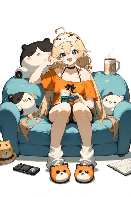 (score_9,score_8_up,score_7_up),<lora:Michele(kalabiqiu)-v1:1>,Michele(kalabiqiu),1girl,blue eyes,slippers,solo,long hair,blonde hair,white background,twintails,shorts,sitting,smile,tail,socks,simple background,open mouth,v,black shorts,bangs,bare shoulders,low twintails,book,full body,hair between eyes,cup,shirt,looking at viewer,holding,arm up,black choker,virtual youtuber,off shoulder,white socks,:d,stuffed toy,very long hair,animal slippers,bean bag chair,chair,stuffed animal,collarbone,loose socks,controller,off-shoulder shirt,choker,mug,fang,short sleeves,sleep mask,orange shirt,ahoge,white shirt,
good feet,anime,NSFW,expressive,amazing quality,ultra hd 32k,