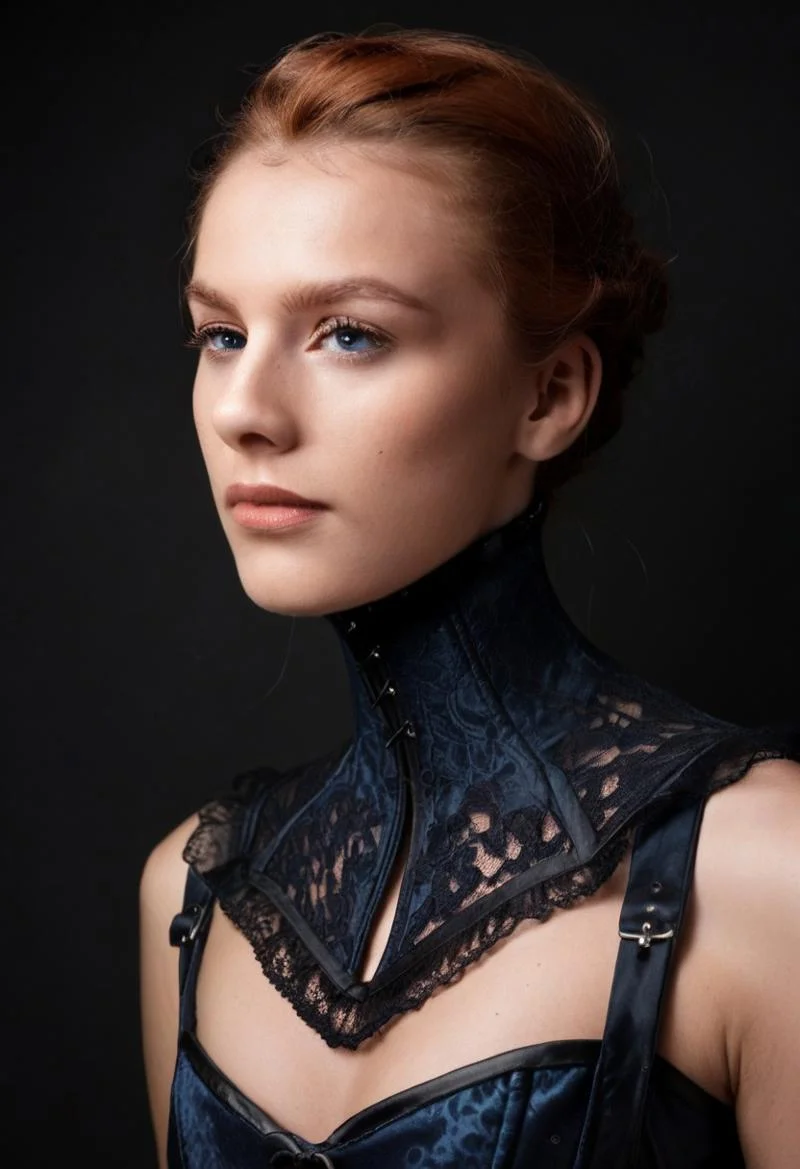 score_9, score_8_up, score_7_up, rating_safe,
concept art, realistic, dark theme, low light, 1girl, solo.
Ginger hair, Blue eyes.
Neckcorset.