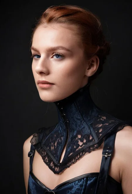 score_9, score_8_up, score_7_up, rating_safe, 
concept art, realistic, dark theme, low light, 1girl, solo.
Ginger hair, Blue eyes.
Neckcorset.