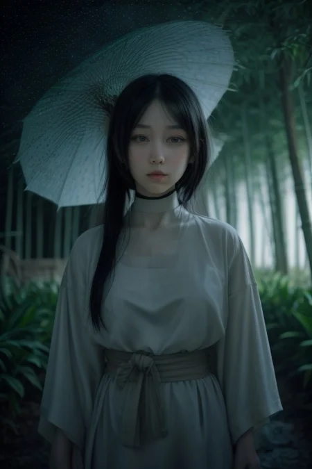 1girl, hyuuga hinata, purple eyes, white eyes, blunt bangs, black hair, hime cut, very large breasts, looking at viewer, fringe,konohagakure symbol, headband around neck ,solodynamic ink painting of a bamboo grove of japan, black and white,monochrome, great art, great sense of depth, ground level shot, the most beautiful bamboo grove in the world, bamboo leaves shining through rainwater, moon\(pale blue\) with a light overcast, beautiful woman\(ancient Japanese noble, beautiful kimono, beautiful long black hair\) looking up at the moon holding an umbrella,raining softly, fireflies flying around, bamboo leaves are placed three-dimensionally in the foreground, long distance shot
score_9, score_8_up, score_7_up, score_6_up, score_9, score_8_up, score_7_up, score_6_up, cowboy shot, <lora:sdxl_lightning_8step_lora:1> <lora:breasts++-PD-breast_bags-1.0:1> <lora:HerrscherAGGA2024_Polo_Shirt_V1:0.6> <lora:GirlfriendFNF_PDXL:0.8>