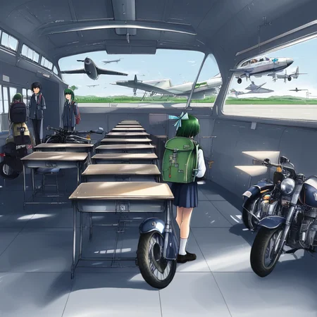 ribbon, backpack, aircraft, black hair, school desk, jet, green hair, scenery, motorcycle