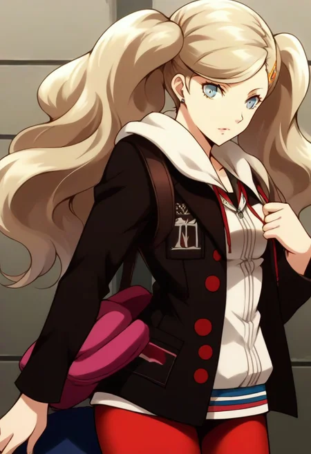 (source_anime), 1 girl, solo, nsfw, cute face, p5ann, twintails, long hair, takamaki anne, blonde hair, hairclip, skirt, uniform, jacket, open clothes, hairclip, hood, miniskirt, sweater, open jacket, black jacket, hoodie,hood down, white sweater, red pantyhose, hooded cardigan, uniform,