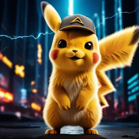 DetectivePikachu1024 wearing a cap, angry, rage,  powerfull, electricity, lightning, sparkles, explosions, cyberpunk city background, highly detailed , photography, ultra sharp, film, bokeh, professional, 4k, highly detailed   <lora:add-detail-xl:1.5>  <lora:Ulysse31-768:0.7> <lora:DetectivePikachu1024:0.4>