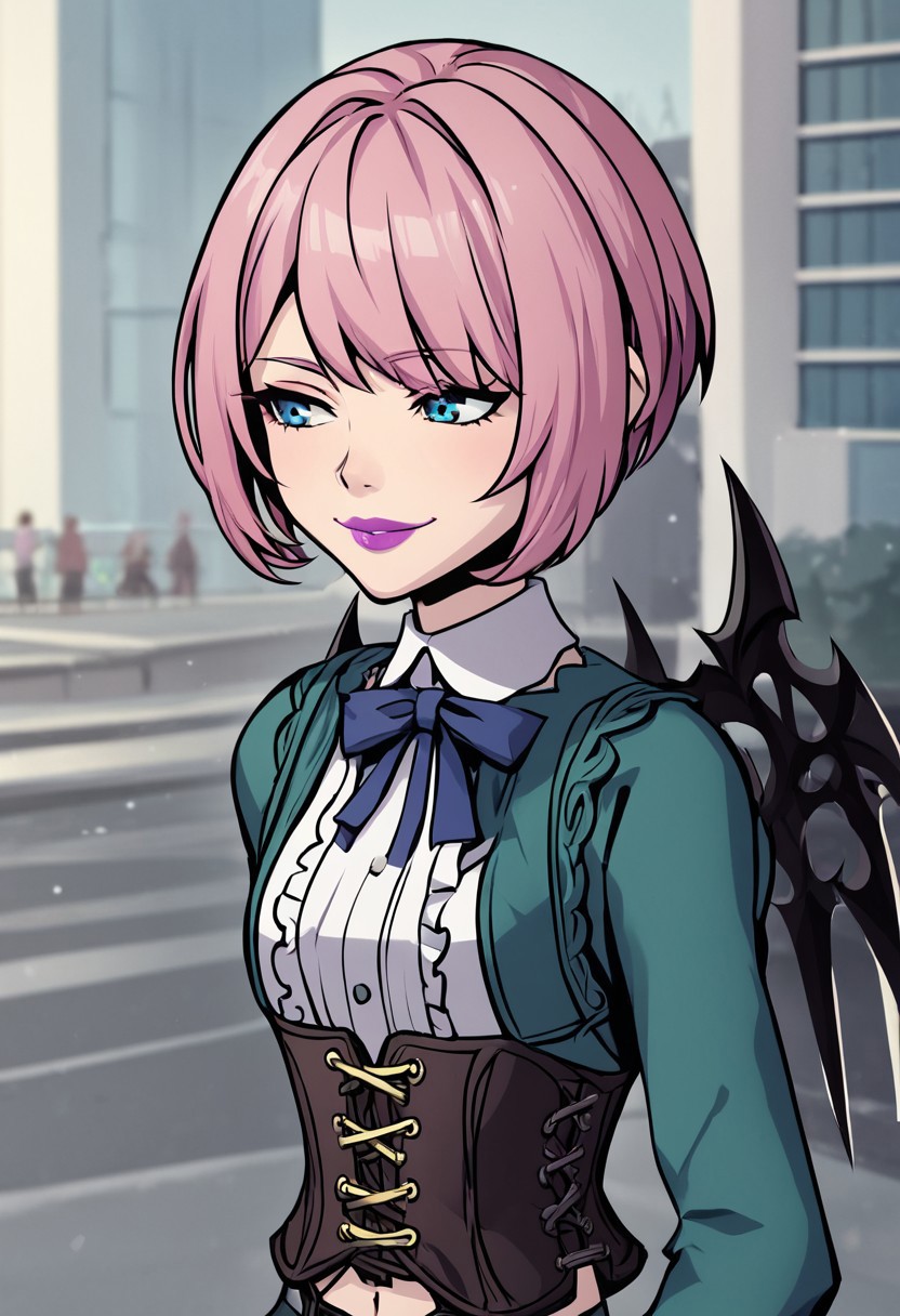 score_4,score_5,score_6,score_7_up,score_8_up,score_9 ((masterpiece,best quality,ultra detailed,highres,HD,4k:1.2)), 
1 girl,solo,,solo focus,
((upper body,face focus)),
pink hair,very short hair,sidelocks,blue eyes,Lipstick,purple lips,
wings,long sleeves,dark bluee clothes,gloves,black shorts,short shorts,high heels,navel,corset,knee boots,
shibuya,city,outdoors,
A smug, triumphant look,doyagao,