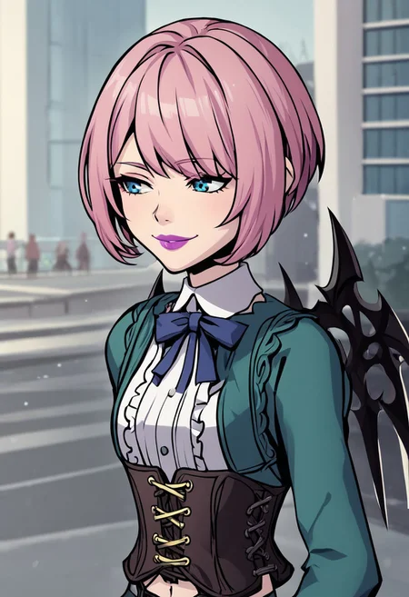 score_4,score_5,score_6,score_7_up,score_8_up,score_9 ((masterpiece,best quality,ultra detailed,highres,HD,4k:1.2)), 
1 girl,solo,,solo focus,
((upper body,face focus)),
pink hair,very short hair,sidelocks,blue eyes,Lipstick,purple lips,
wings,long sleeves,dark bluee clothes,gloves,black shorts,short shorts,high heels,navel,corset,knee boots,
shibuya,city,outdoors,
A smug, triumphant look,doyagao,