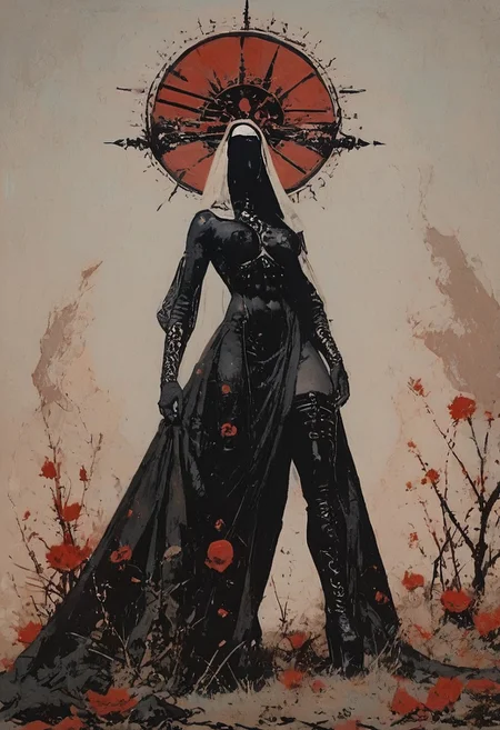 ((score_9, score_8_up, score_7_up)), (((character design, sci-fi warrior women, feminine power, perfect anatomy))),
An enigmatic figure of a (satanic)nun(caucasian), her (dark habit_catsuit covers all her skin), conducting a sensual satanic ritual inside a dark cathedral during night under a red eclipse. Her (eyeless)mask, elaborate crown, (fully)conceals her identity, adding to her mystique and allure. gold stiletto platform thigh boots, big breasts, tiny waist, flat abs, naughty, looking at viewer, seducing with her body, dancing towards viewer with her arms posing, sexy ass seductive wide hips, butt cheeks, twerk, huge perky breasts, in the style of a vintage, high-contrast setting. Emphasize theatrical elements with extreme opposition of bright colors against dark, moody backgrounds, under a dark red sky
,big butt, booty, bubble butt, <lora:add-detail-xl:2>