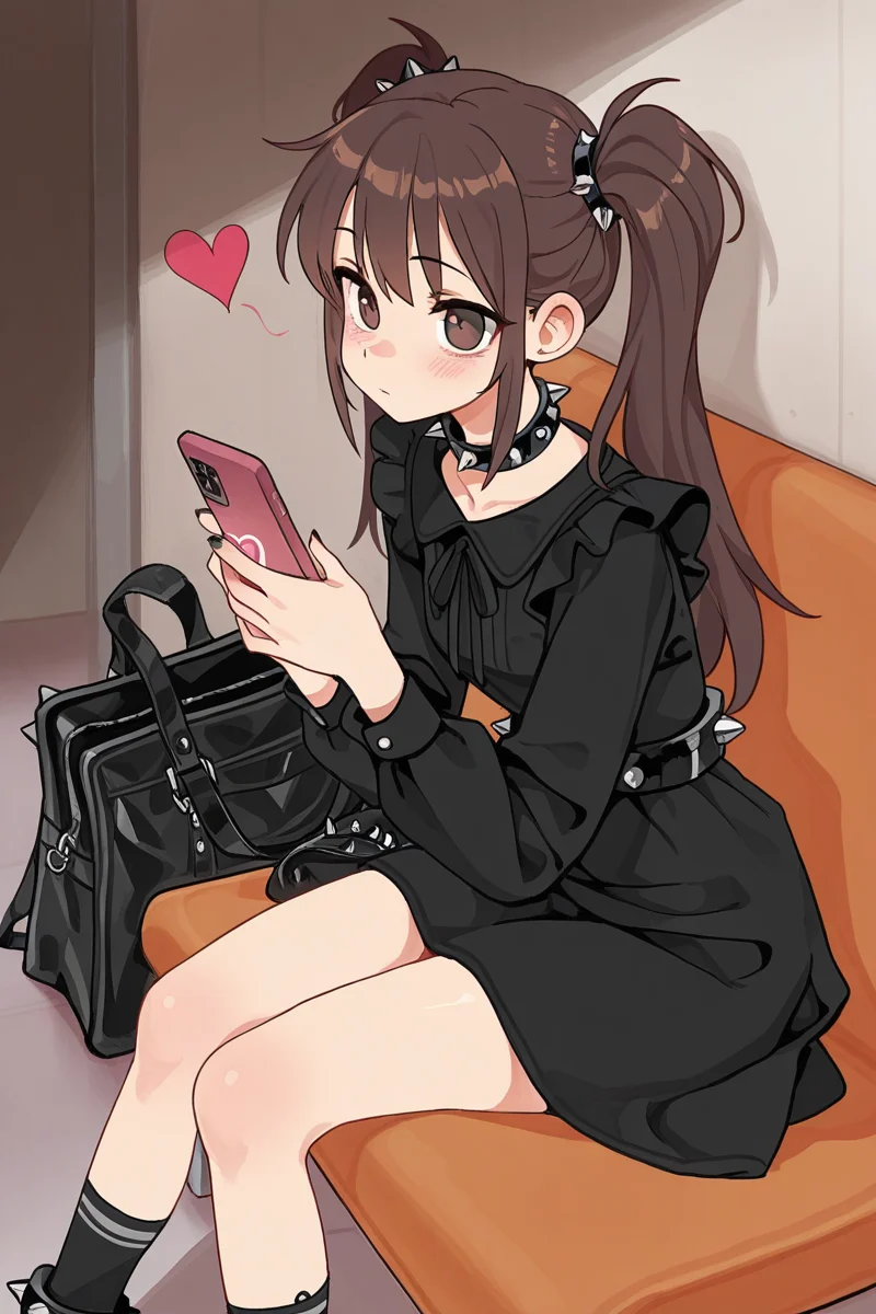 masterpiece, best quality, amazing quality,
<lora:Lango_IL:1> lango, phone, 1girl, spikes, brown hair, cellphone, spiked collar, holding, heart, long hair, dress, holding phone, solo, black dress, sitting, bag, twintails, socks, look back