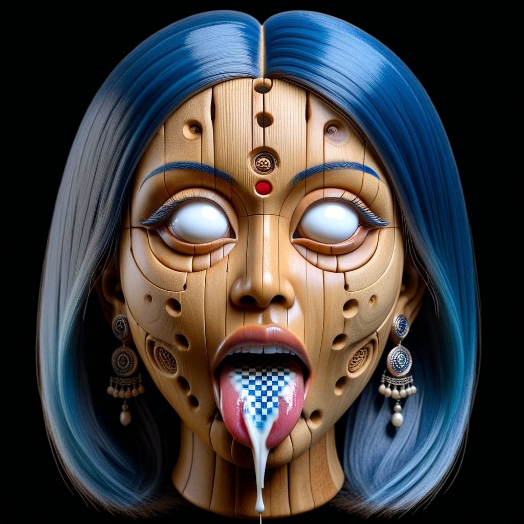 <lora:Kali_Yuga_Kali:1> kali,  indian woman,  big white eyes, wooden face,  smile,  tongue out, cum on tongue, black background, simple background, ceramic face , blue hair,  checkered tongue,