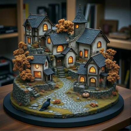 This is a miniature diorama that recreates a town lined with old buildings reminiscent of Medieval Europe, and a world where young, beautiful witches fly through the sky on broomsticks. It is placed next to a grimoire. Each roof and wall is carefully weathered, and professional lighting gives it an indistinguishable finish from the real thing.
<lora:Flux.1_Turbo_Detailer:0.7>, <lora:Diorama_Flux:0.9>