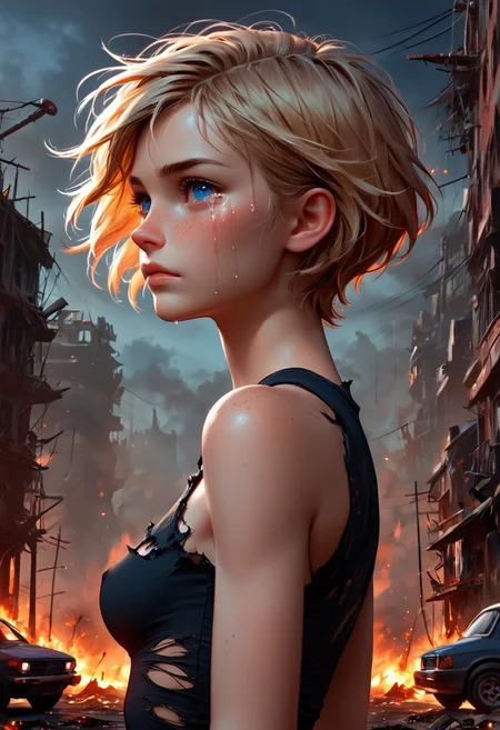 1girl, Masterpiece, 4k, ultra high detail, score_9, score_8_up, score_8, petite, medium breast, short blonde hair, fcNeg, stunning blue eyes, freckles, white skin, small nose, innocent beauty, slim face, skinny petite body,
Torn sport clothes
Dark sky, burning sky, nighttime, night,
Fear in her eyes, crying,
Sideview, Apocalyptic scene, burning skyscraper, burning city, derstroyed cars, a huge asteroid swarm in the sky,
Many asteroids in the sky,
End of the World,
negative_hand, NightScapes,