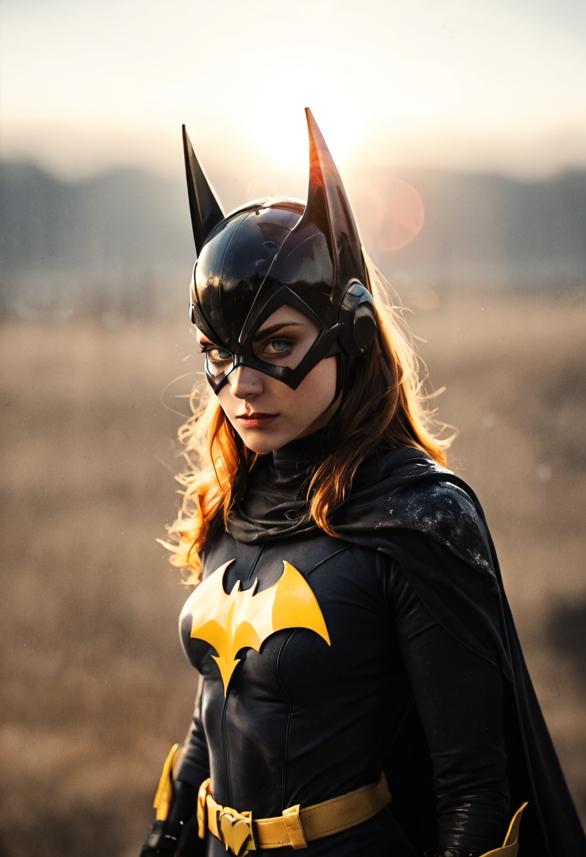 Batgirl, action,
(shot on Beier Beirette, kodak porta, cinestill 800, (film grain:1.2), by Norman Parkinson:1.3), (muted colors, desaturated, chromatic aberration, blurry) , candid photo, vignetting, sun, shadows,,, .score_9, score_8_up, score_7_up, score_6_up, rating_explicit