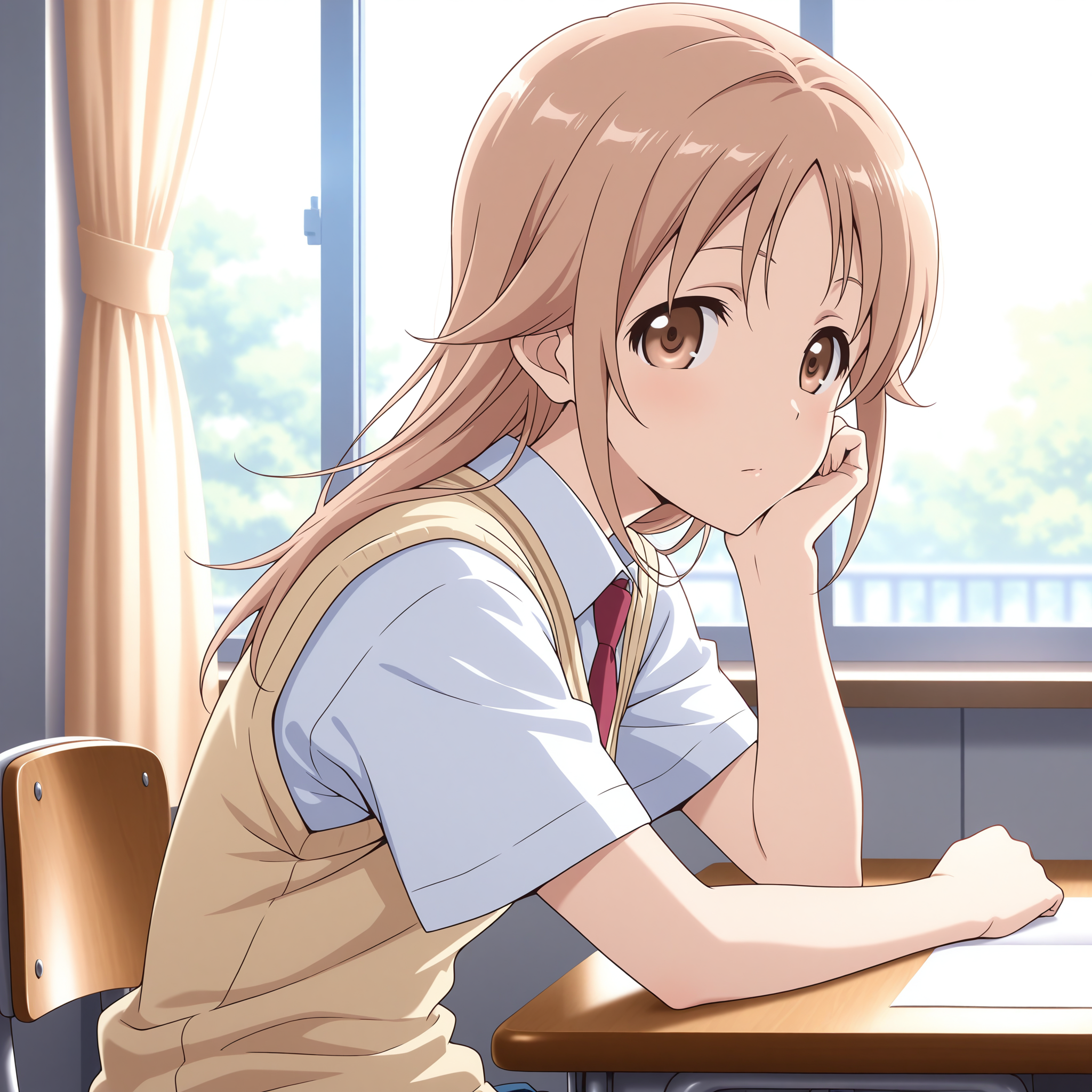 <lora:Miyamoto_Konatsu_1_nai-000036:1>,Miyamoto Konatsu,
school uniform,necktie,sweater vest,
1girl,solo,looking at viewer,sitting,from side,arm support,on chair,desk,indoors,window,curtains,day,arm on table,