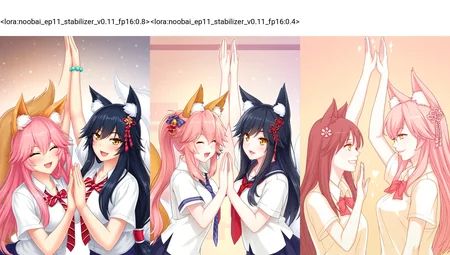 <lora:noobai_ep11_stabilizer_v0.11_fp16:0.8>2girls,tamamo,ahri,hair ornament,high five,school uniform,upper body,