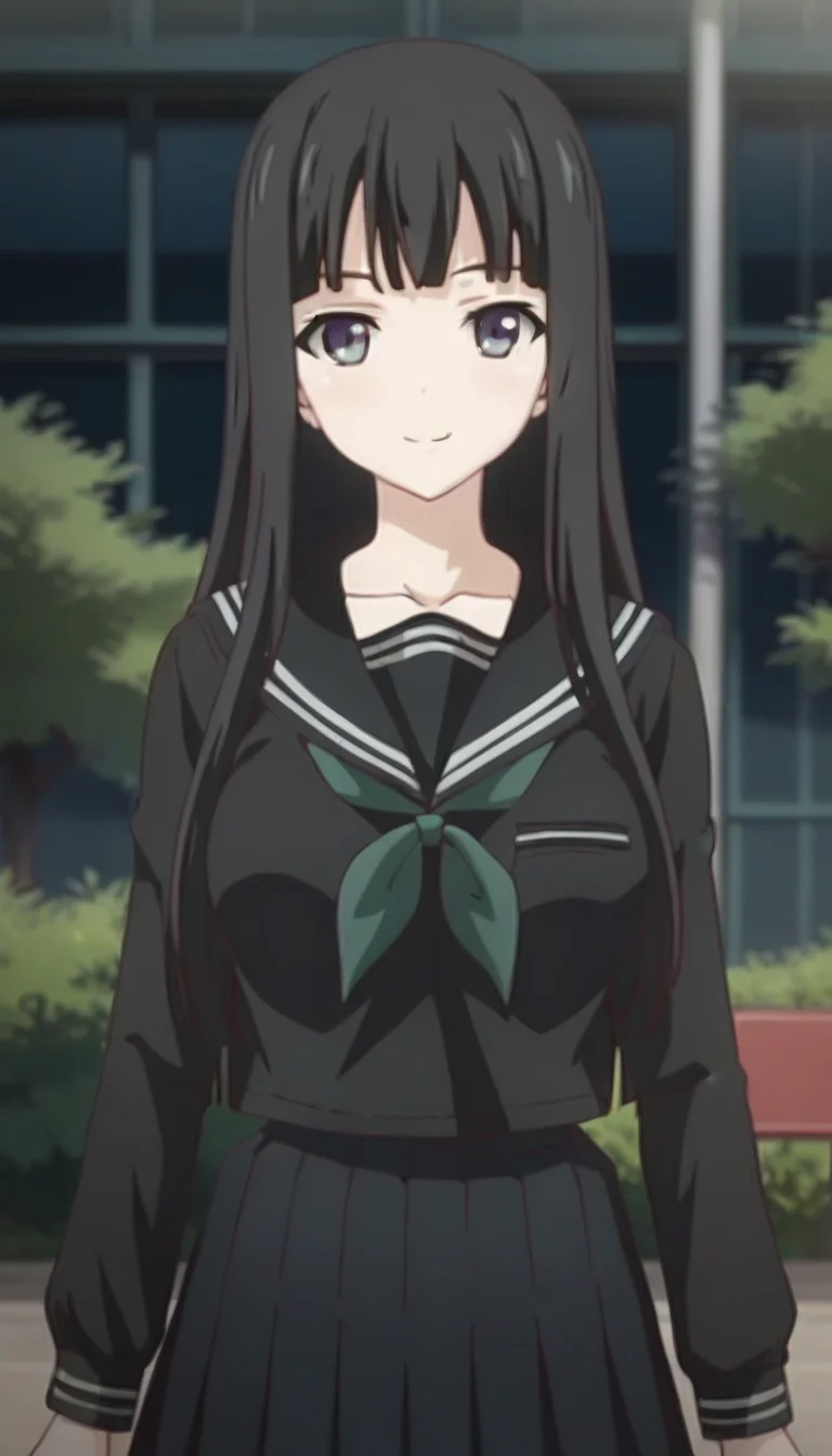 score_9,score_8_up,score_7_up,score_6_up BREAK official art,solo,outdoors,upper body,(portrait:1.5),looking at viewer,facing viewer,smile,blush,Byakuya Rinne,long hair,black hair,hime cut,blunt bangs,grey eyes,collarbone,school uniform,black sailor collar,black shirt,green neckerchief,long sleeves,medium breasts,black skirt,pleated skirt,black pantyhose,loafers,<lora:Byakuya Rinne(euphoria)-Pony:1.5>,
