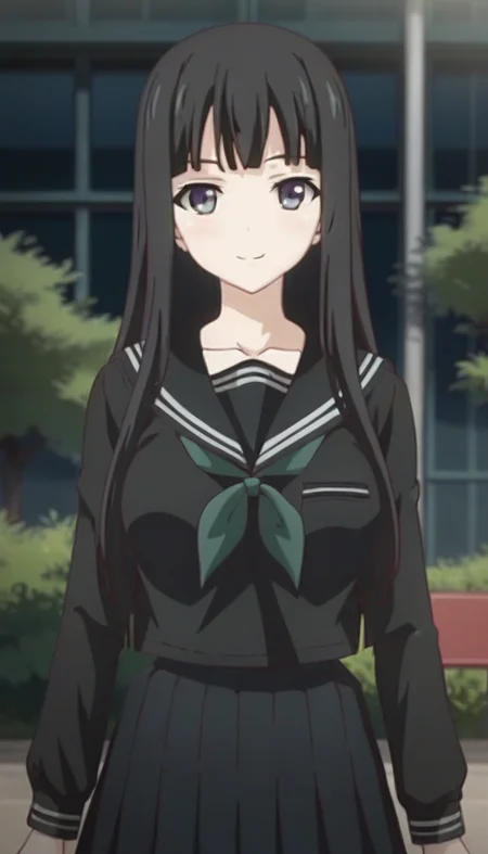 score_9,score_8_up,score_7_up,score_6_up BREAK official art,solo,outdoors,upper body,(portrait:1.5),looking at viewer,facing viewer,smile,blush,Byakuya Rinne,long hair,black hair,hime cut,blunt bangs,grey eyes,collarbone,school uniform,black sailor collar,black shirt,green neckerchief,long sleeves,medium breasts,black skirt,pleated skirt,black pantyhose,loafers,<lora:Byakuya Rinne(euphoria)-Pony:1.5>,