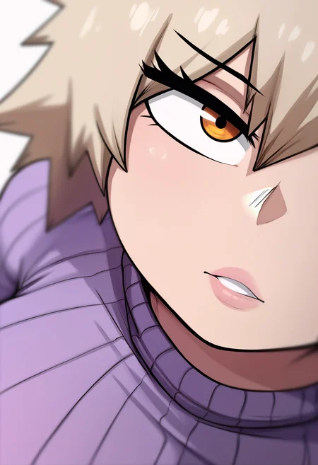 1girl, solo, bakugou mitsuki, purple shirt, ribbed sweater, blonde hair, mature female, portrait, looking at viewer, simple background, presenting, depth of field, 
masterpiece, best quality, <lora:blackwhiplash(bwl)-guy90-Illust-Lycorisv1:1> blaash