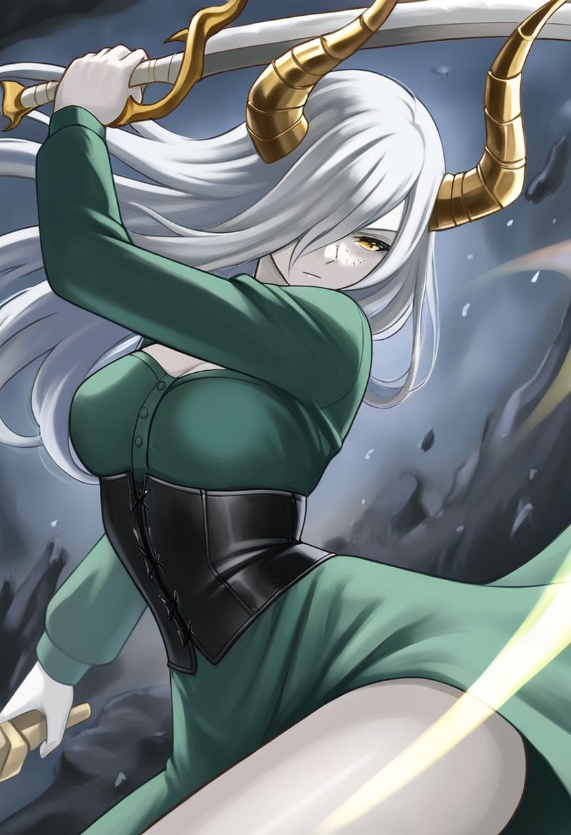 1girl, solo, gold twisted ram's horns, freckles, white hair, long hair, long bangs, golden eyes, pale skin, green dress, medium breasts, black underbust corset, breasts cutout, medium shot, view from aside, holding weapon, blade, dynamic pose, action pose,