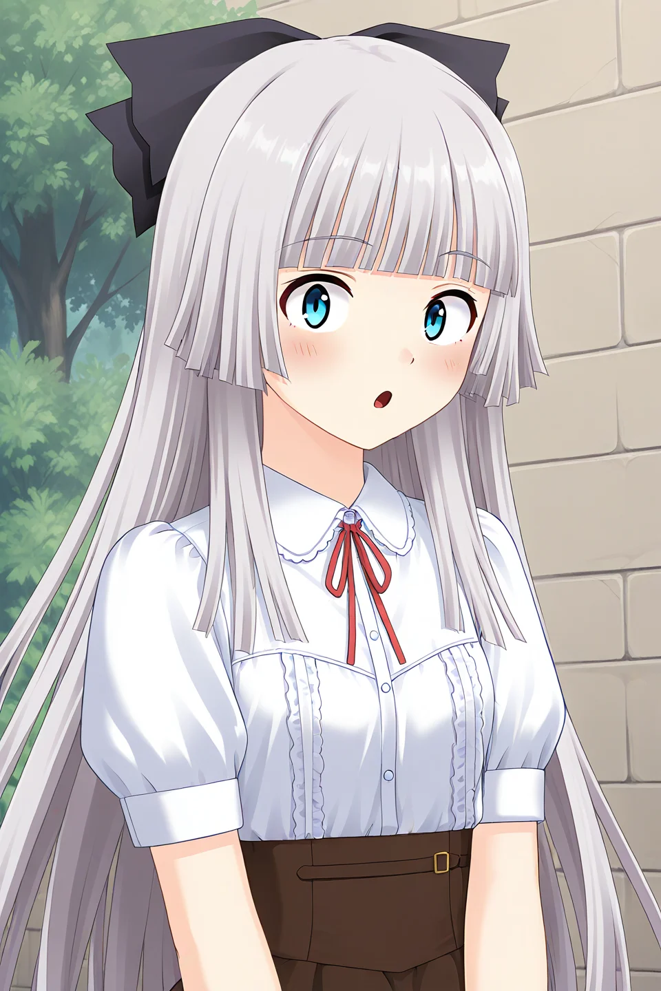 masterpiece, best quality, absurdres, official art, official style, rating general BREAK <lora:rokujoumiyaho_IL_v1:0.7>, rokujou miyaho, 1girl, solo, blue eyes, grey hair, very long hair, blunt bangs, hime cut, straight hair, blunt ends, sidelocks, hair bow, black bow, small breasts,
casual, dress shirt, blouse, red ribbon, neck ribbon, white shirt, wing collar, collared shirt, frilled shirt, frilled shirt collar, center frills, buttons, puffy short sleeves, frilled sleeves, brown skirt, close-up, portrait, outdoors, high-waist skirt,
blush, open mouth, :o, surprised, looking at viewer, wide-eyed, d: